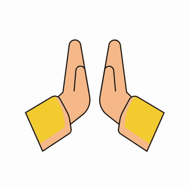 a pair of hands with yellow sleeves are folded together in prayer