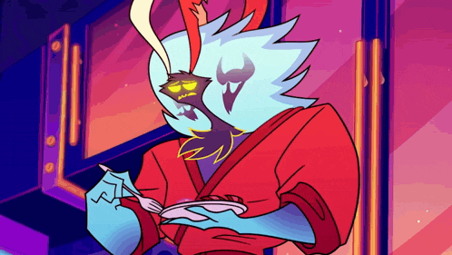 a cartoon character with a beard and horns is holding a fork and a piece of paper .