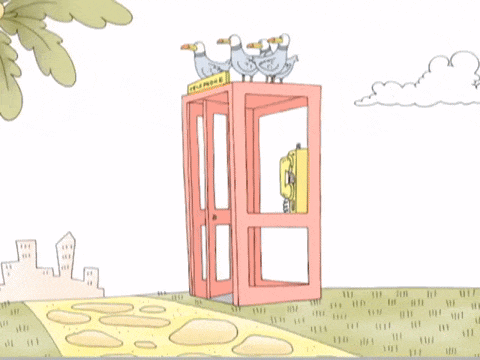 a cartoon drawing of a bird standing on top of a yellow suitcase with the letter g on it