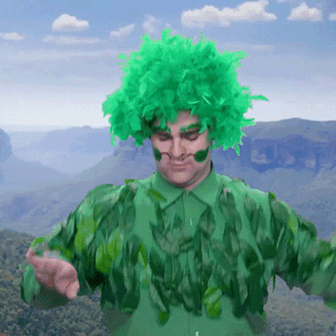 a man with a green wig and green leaves on his body