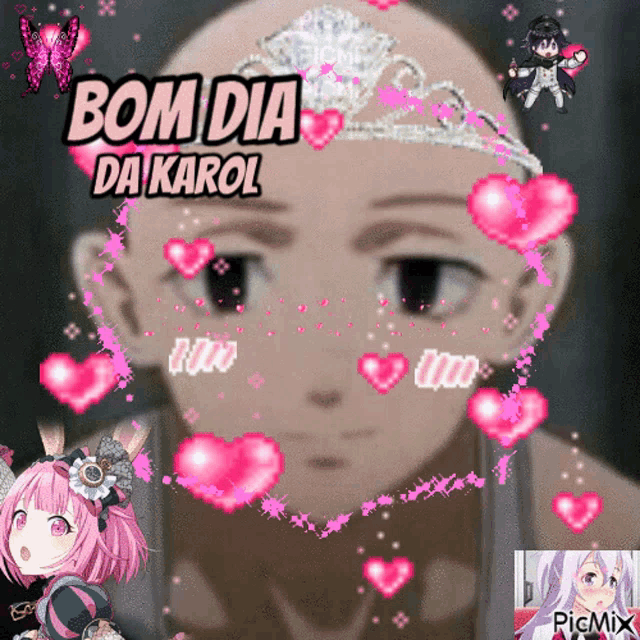 a picture of a girl with hearts around her and the words bom dia da karol on top