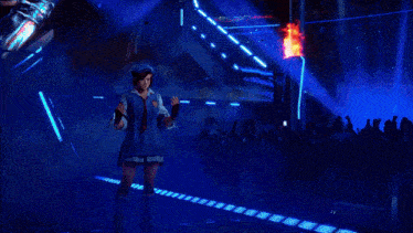 a woman in a blue uniform is holding a sword and a sign that says full