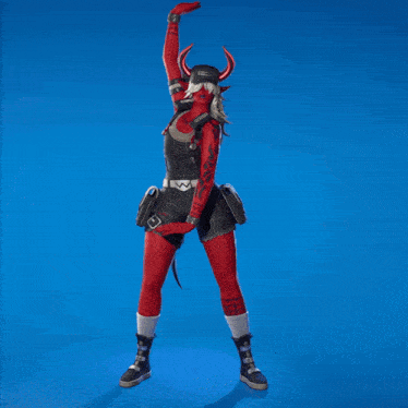 a devil with horns and a spear is dancing in front of a blue background