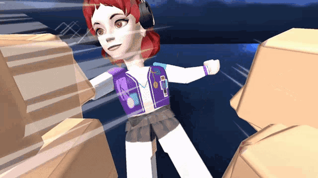 a cartoon girl wearing headphones and a purple vest with the letter k on it
