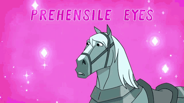 a cartoon drawing of a horse with the words " prehensible eyes " written above it