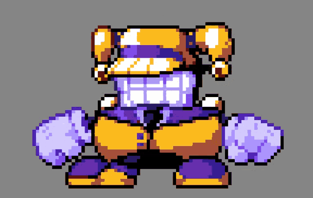 a pixel art drawing of a yellow and purple character