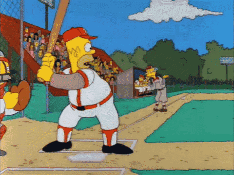 a cartoon of homer simpson swinging a bat at a ball
