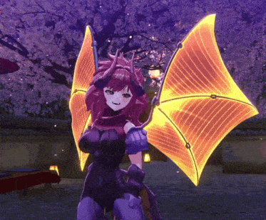 a girl with horns and glowing wings is in a video game