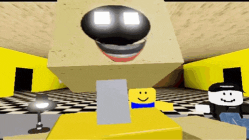 a cartoon character is standing in front of a giant block with a face on it .