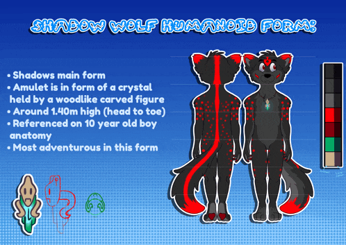 a shadow wolf humanoid form has a red tail and red spots