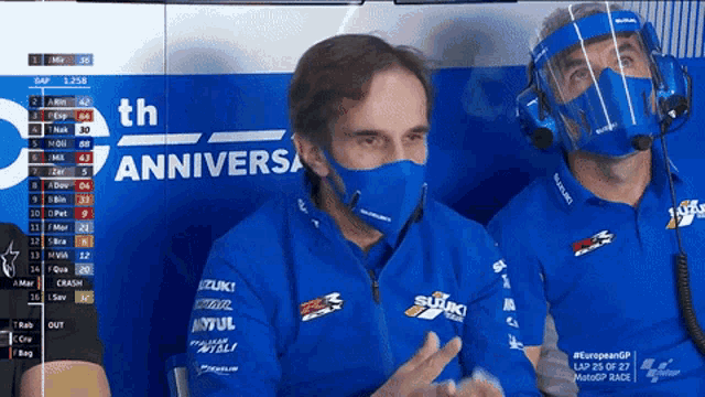 a man wearing a blue shirt that says suzuki