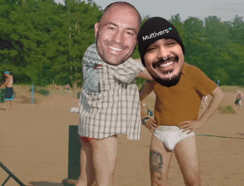 a man wearing a multivers hat stands next to another man in underwear