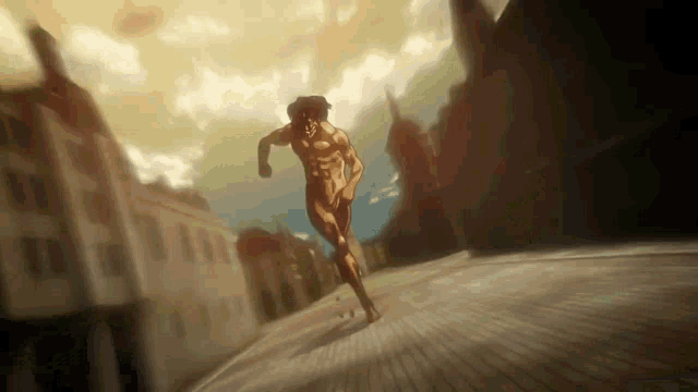 a naked man is running down a street in front of buildings