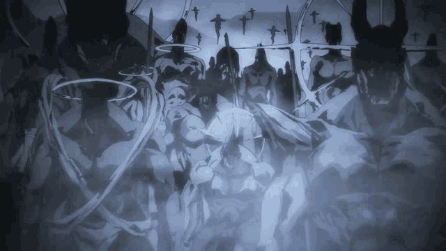a black and white drawing of a group of demons with crosses on their heads