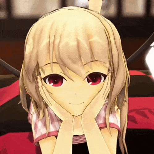 a blonde anime girl with red eyes is smiling with her hands on her chin