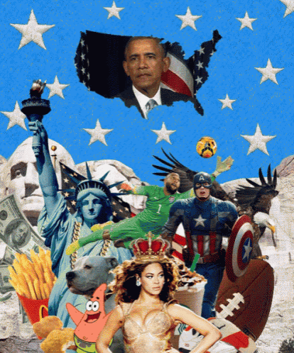 a collage of a statue of liberty a captain america a bear and a woman