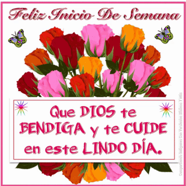 a card that says feliz inicio de semana with flowers and butterflies