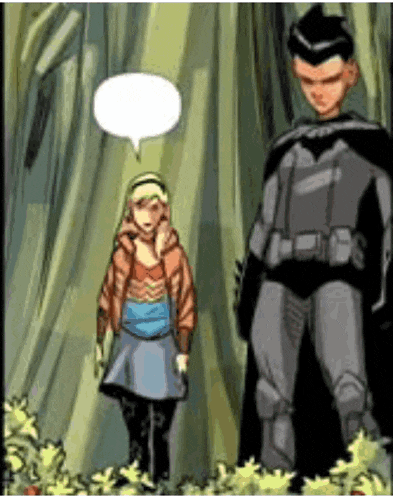 a cartoon of a man in a bat suit standing next to a girl in a skirt .
