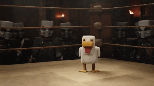 a chicken is standing in a boxing ring with skeletons in the background