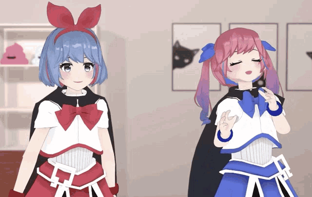 two anime girls are standing next to each other and one of them is giving a peace sign