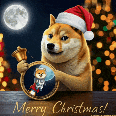 a doge wearing a santa hat is holding a bell and a coin that says merry christmas on it