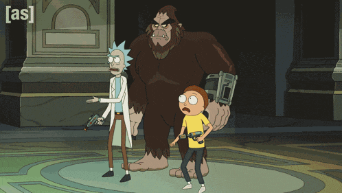 a cartoon of rick and morty standing next to a bigfoot with the letters a and s on the bottom