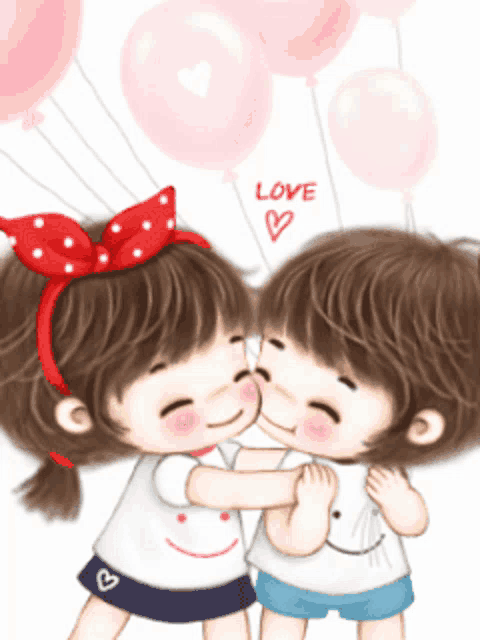 a boy and a girl kissing with balloons in the background and the word love on it