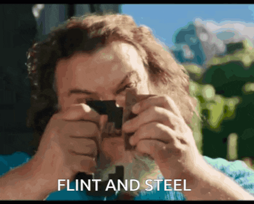 a man is looking through a magnifying glass with the words flint and steel behind him