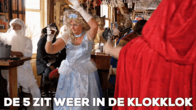 a woman in a cinderella costume stands in front of a sign that says de 5 zit weer in de klok