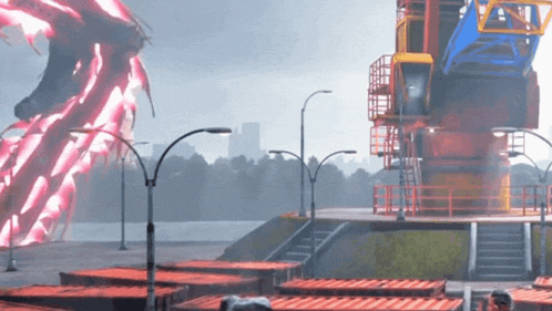 a video game scene with a large crane and a dragon in the background