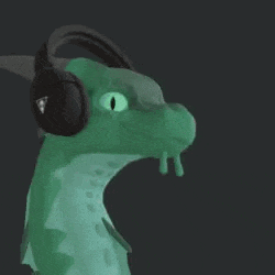 a green dragon wearing headphones with a triangle on them .