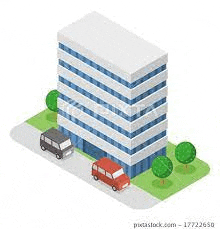 an isometric illustration of a tall building with cars parked in front of it .