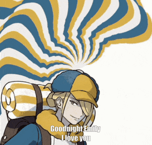 a cartoon character says goodnight emily i love you in front of a striped background