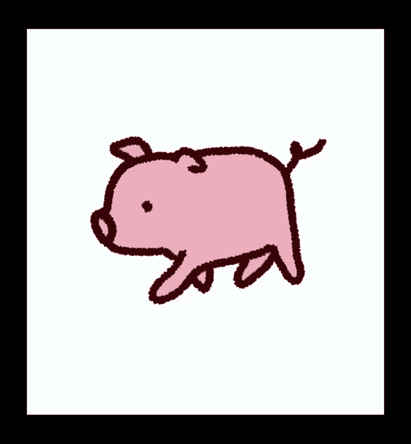 a drawing of a pink pig with a swirly tail