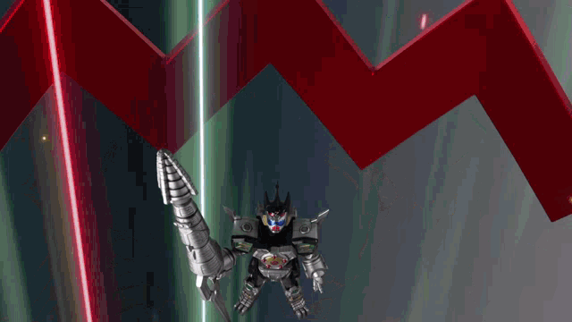 a robot is flying through the air in front of a green cube