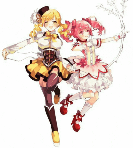 two anime girls are standing next to each other and one is holding a tree branch