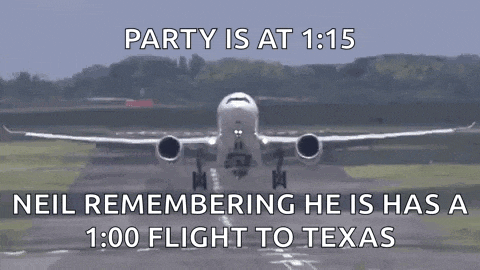a plane is taking off from an airport runway and says party is at 1:15