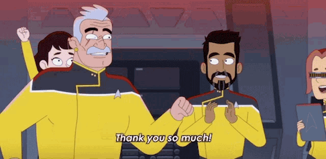 a group of cartoon characters standing next to each other and one of them says thank you so much