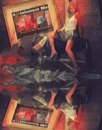 a painting of a woman sitting in front of a framed picture that says entertainment man