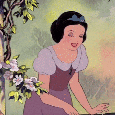 a cartoon of snow white standing in front of some flowers