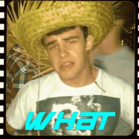 a man wearing a straw hat and a shirt that says what on it