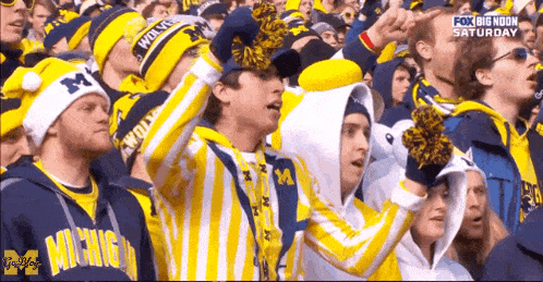 a crowd of people wearing michigan jerseys and hats