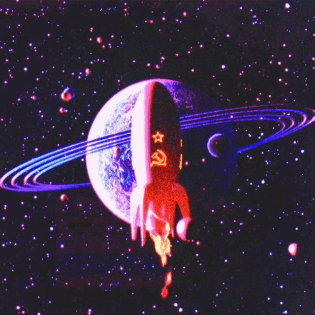 a rocket with a red hammer and sickle on it is flying in space