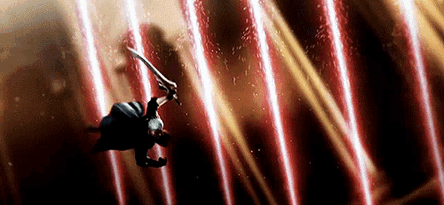 a man is flying through the air holding a sword