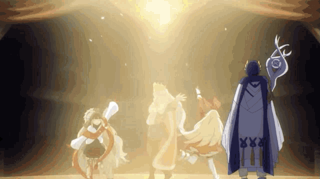a group of anime characters are standing in a dark room
