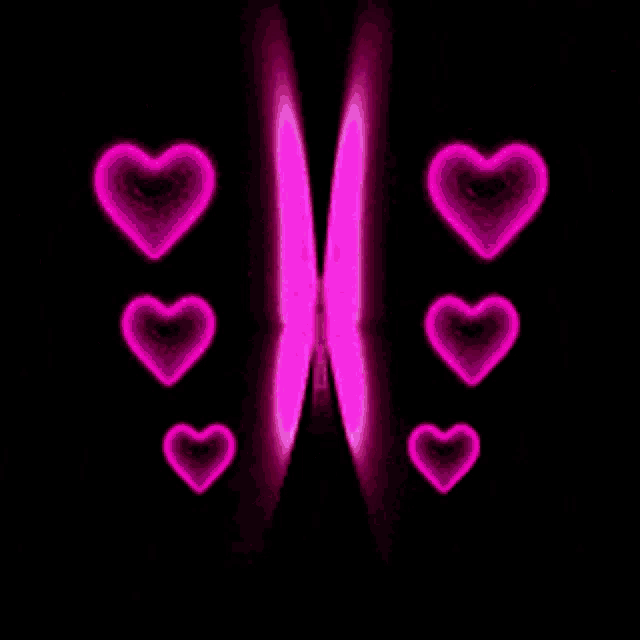 a pink butterfly with glowing wings is against a black background