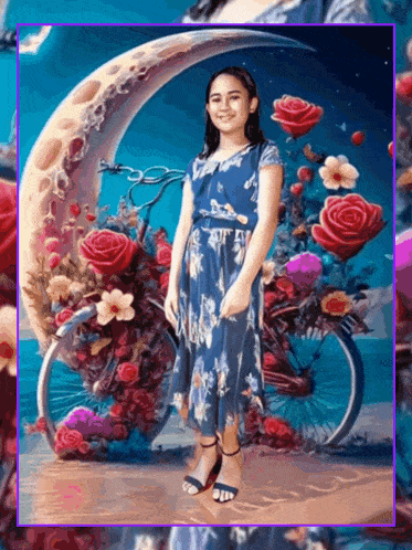 a girl in a blue dress stands in front of a bicycle with flowers on it