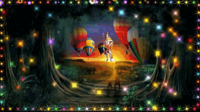 a painting of hot air balloons and a man in a costume