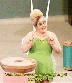 a woman in a tinkerbell costume says that is not wassup and you just got tonked