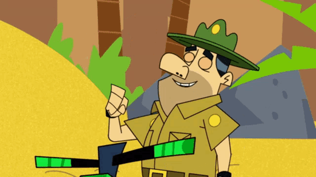 a cartoon drawing of a man wearing a hat and holding an axe